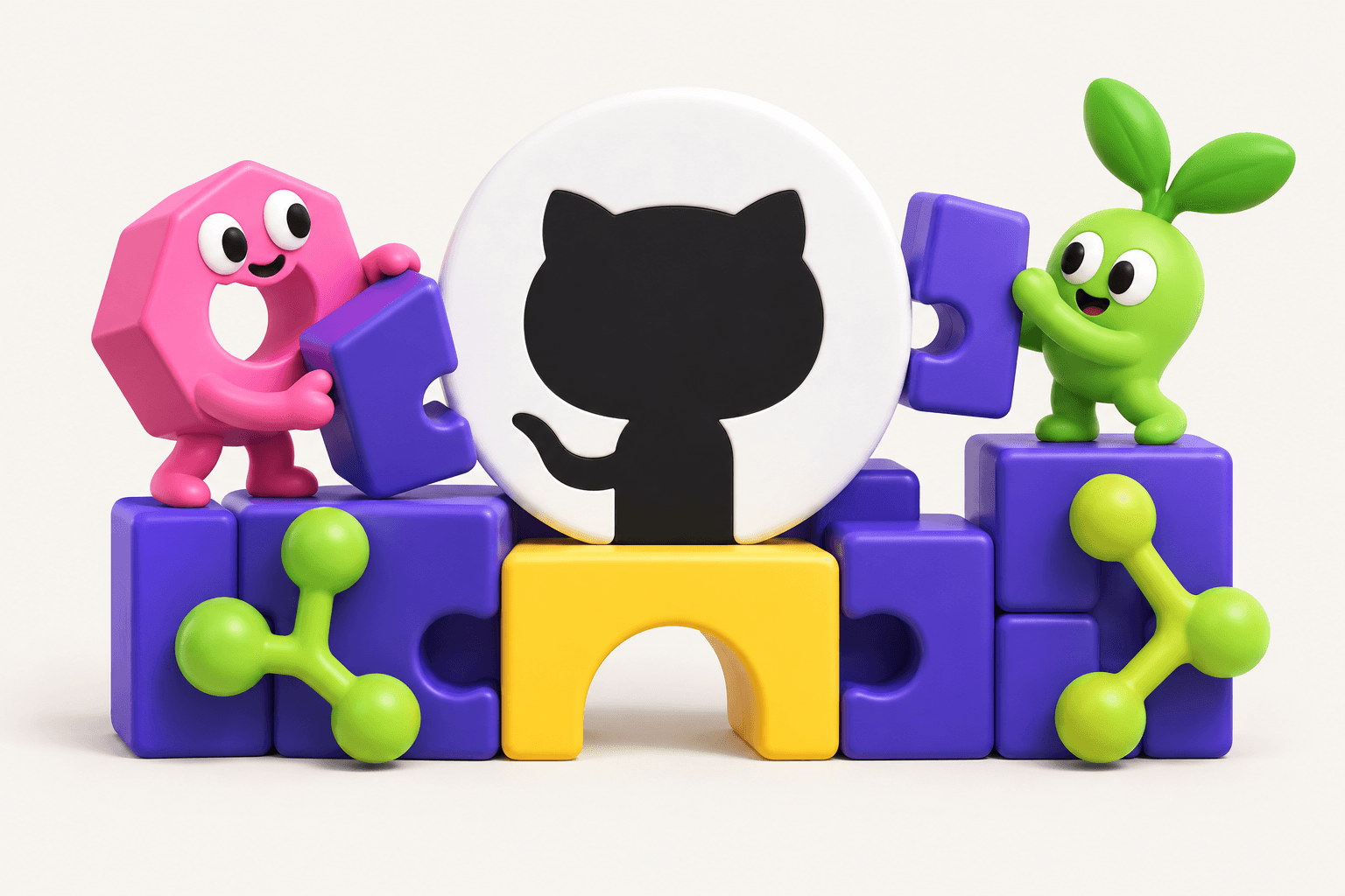 Playful pink and green 3D teammates assembling colorful building blocks around the GitHub emblem.